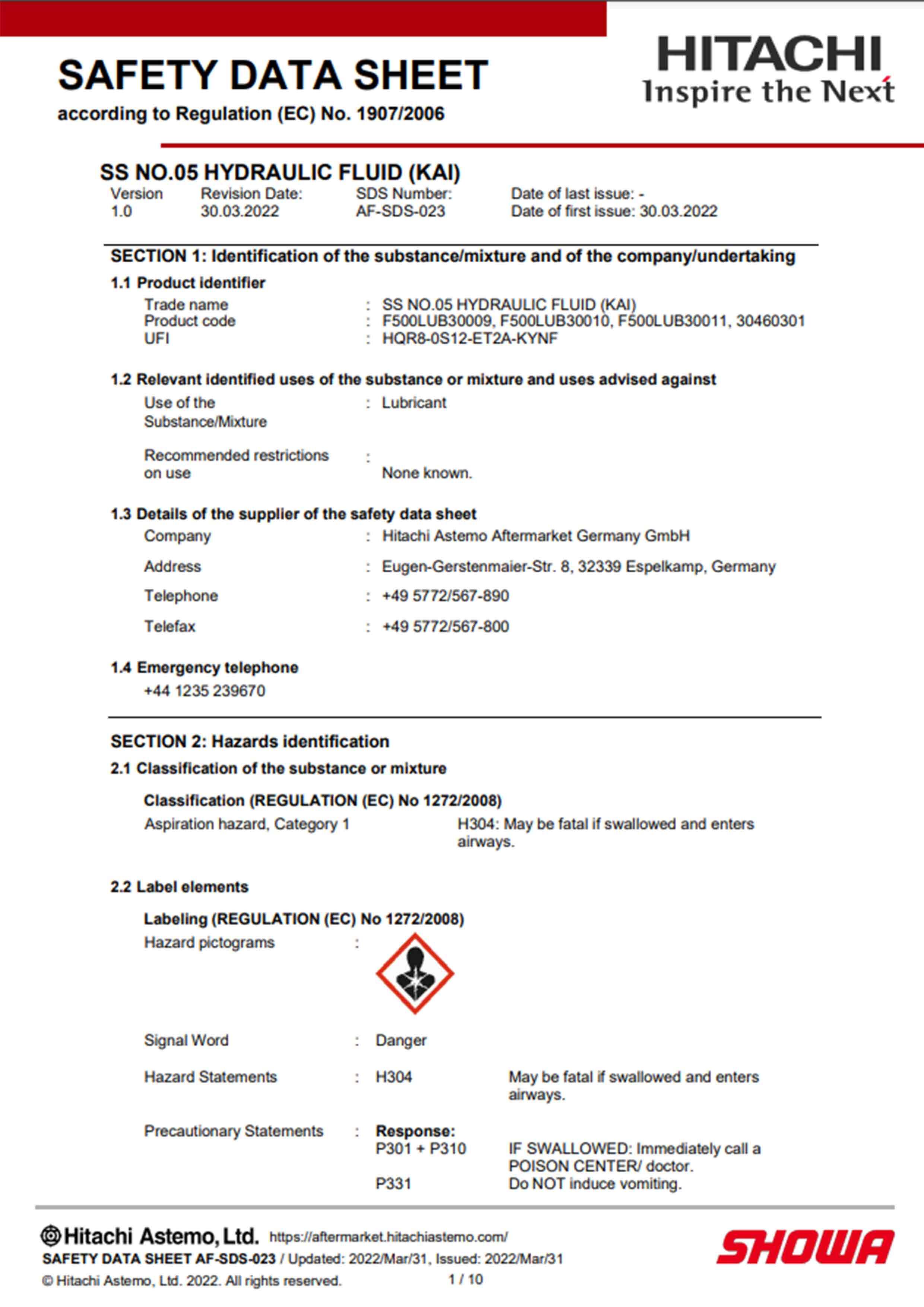 SHOWA Safety Data Sheets