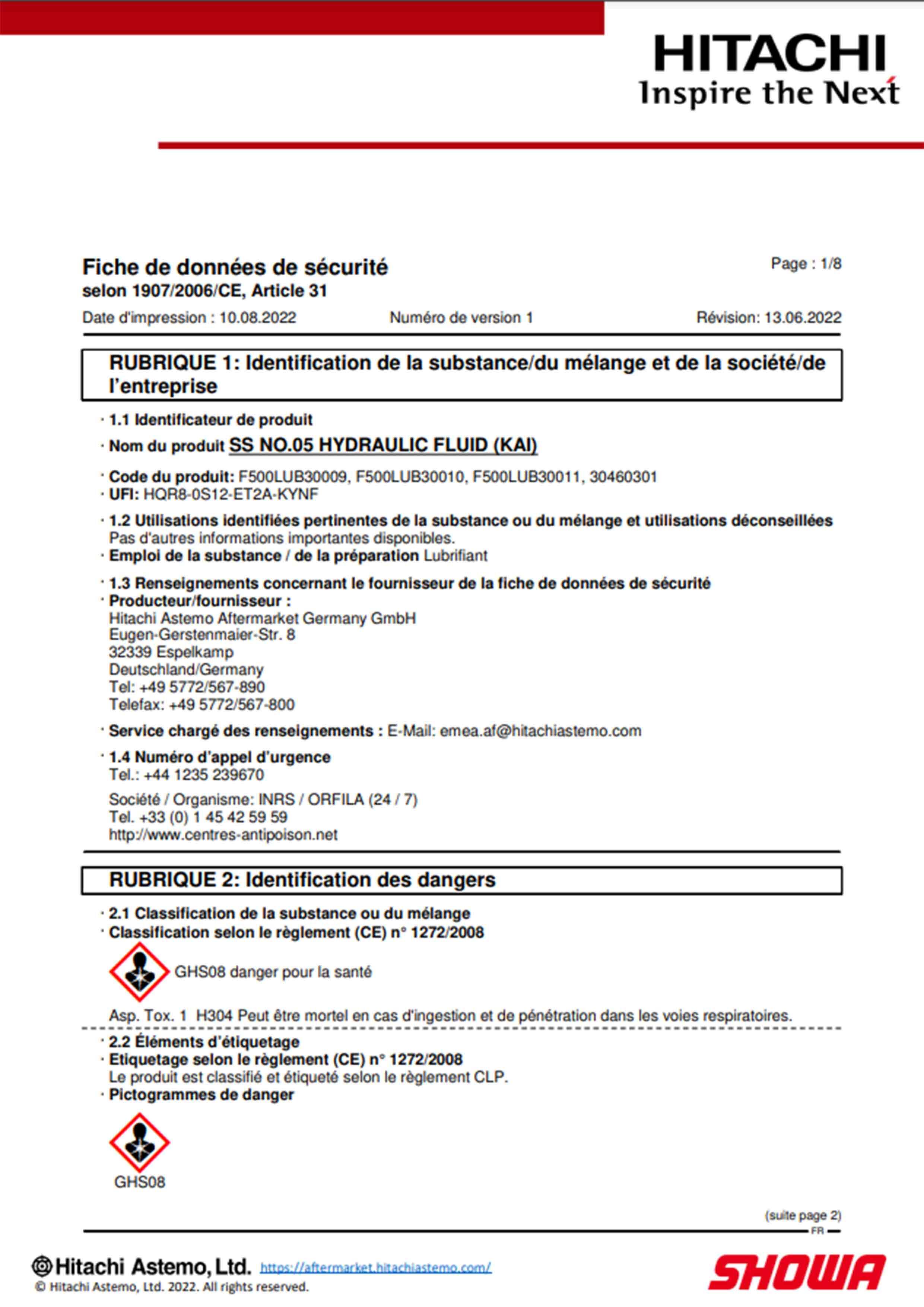 SHOWA Fiches de données de sécurité